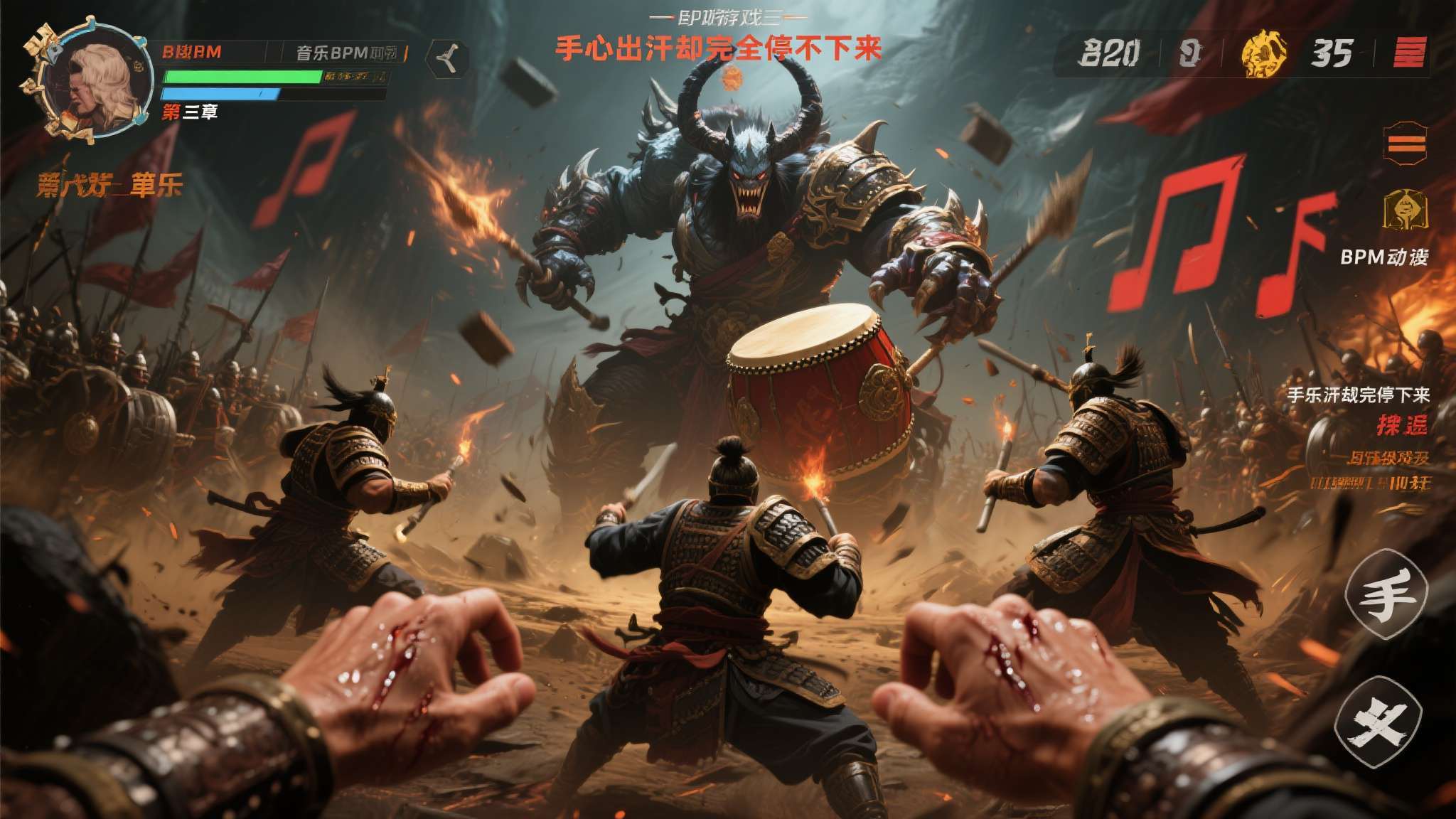 以游戏第三章的Boss战为例，玩家需要在控制三路分兵合围的同时，跟上节奏越来越密